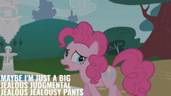 Size: 1280x720 | Tagged: safe, edit, edited screencap, editor:quoterific, imported from derpibooru, screencap, pinkie pie, earth pony, pony, griffon the brush off, season 1, female, mare, open mouth, solo, tree