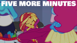 Size: 1280x720 | Tagged: safe, edit, edited screencap, editor:quoterific, imported from derpibooru, screencap, pinkie pie, rainbow dash, sunset shimmer, equestria girls, equestria girls series, wake up!, spoiler:eqg series (season 2), blanket, clothes, eyes closed, female, music festival outfit, open mouth, pajamas, trio, trio female