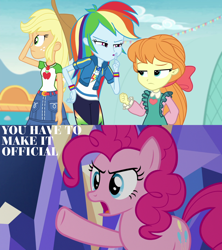 Size: 1920x2160 | Tagged: safe, edit, edited screencap, editor:quoterific, imported from derpibooru, screencap, applejack, megan williams, pinkie pie, rainbow dash, earth pony, pony, equestria girls, equestria girls series, not asking for trouble, rollercoaster of friendship, season 7, clothes, cutie mark, cutie mark on clothes, female, geode of super speed, geode of super strength, high res, magical geodes, mare, open mouth, shhh, you have to make it official