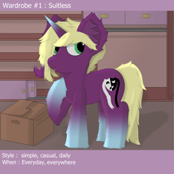 Size: 2500x2500 | Tagged: safe, artist:spiroudada, imported from derpibooru, part of a set, oc, oc only, oc:velvet sky, pony, unicorn, series:velvet wardrobe reboot, box, dressing, high res, male, part of a series, solo, stallion, story included, velvet wardrobe reboot