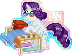 Size: 760x600 | Tagged: safe, artist:jazminakarainy, imported from derpibooru, rarity, pony, unicorn, animated, bipedal, cutie mark, dress making, eye shimmer, female, glasses, leaning forward, passepartout, sewing machine, simple background, solo, standing, sticker, table, thread, transparent background, white border