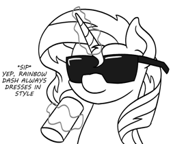 Size: 918x772 | Tagged: safe, artist:mkogwheel, imported from derpibooru, sunset shimmer, pony, unicorn, black and white, dialogue, female, grayscale, implied rainbow dash, levitation, magic, mare, monochrome, rainbow dash always dresses in style, simple background, soda can, solo, sunglasses, telekinesis, white background
