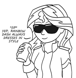 Size: 784x804 | Tagged: safe, artist:mkogwheel, imported from derpibooru, sunset shimmer, equestria girls, black and white, dialogue, female, grayscale, implied rainbow dash, monochrome, rainbow dash always dresses in style, simple background, soda can, solo, sunglasses, white background