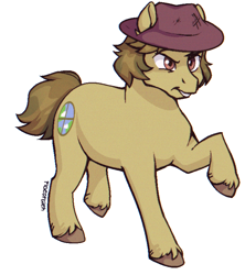 Size: 682x768 | Tagged: safe, artist:pigeorgien, imported from derpibooru, oc, oc only, oc:ground soil, earth pony, pony, female, hat, mare, simple background, solo, unshorn fetlocks, walking, white background