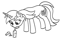 Size: 967x656 | Tagged: safe, artist:mkogwheel, imported from derpibooru, lyra heartstrings, pony, unicorn, black and white, carrot, female, food, gardening, grayscale, herbivore, horses doing horse things, mare, monochrome, mouth hold, pulling, simple background, solo, white background