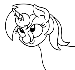 Size: 692x642 | Tagged: safe, artist:mkogwheel, imported from derpibooru, lyra heartstrings, pony, unicorn, apple, black and white, bust, female, food, grayscale, horn, horn impalement, licking, licking lips, mare, monochrome, silly, simple background, solo, tongue out, white background