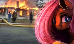 Size: 4000x2376 | Tagged: safe, artist:miokomata, imported from derpibooru, fluttershy, human, pegasus, pony, always the quiet ones, creepy, creepy smile, cute, cute little fangs, disaster girl, exploitable meme, fangs, female, fire, freckles, freckleshy, irl, irl human, looking at you, looking back, looking back at you, mare, meme, photo, ponified meme, smiling, solo focus