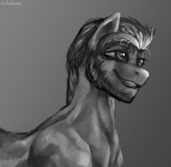 Size: 1577x1544 | Tagged: safe, artist:colochenni, imported from derpibooru, hitch trailblazer, pony, chad, drawthread, g5, gigachad, gray background, grayscale, male, monochrome, simple background, solo, stallion, stupid sexy hitch trailblazer