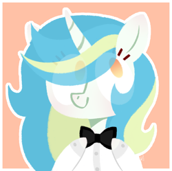 Size: 2451x2446 | Tagged: safe, artist:petruse4ka, imported from derpibooru, oc, oc only, pony, unicorn, bowtie, bust, colored hooves, eye clipping through hair, eyelashes, high res, horn, orange background, simple background, smiling, solo, unicorn oc