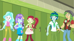 Size: 1920x1077 | Tagged: safe, imported from derpibooru, screencap, aqua blossom, captain planet, paisley, rose heart, sandalwood, equestria girls, equestria girls series, holidays unwrapped, spoiler:eqg series (season 2), animation error, canterlot high, hallway, lockers, o come all ye squashful