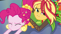 Size: 1920x1077 | Tagged: safe, imported from derpibooru, screencap, pinkie pie, sunset shimmer, equestria girls, equestria girls series, holidays unwrapped, spoiler:eqg series (season 2), cornucopia costumes, duo, duo female, eyes closed, female, frown, gritted teeth, o come all ye squashful