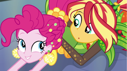 Size: 1920x1077 | Tagged: safe, imported from derpibooru, screencap, pinkie pie, sunset shimmer, equestria girls, equestria girls series, holidays unwrapped, spoiler:eqg series (season 2), :o, cornucopia costumes, duo, duo female, female, grin, looking at each other, o come all ye squashful, open mouth, smiling