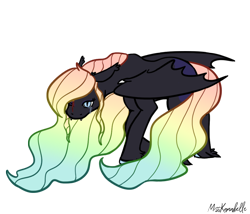 Size: 1750x1500 | Tagged: safe, artist:misskanabelle, imported from derpibooru, oc, oc only, oc:moondancer, bat pony, pony, bat pony oc, bat wings, female, mare, multicolored hair, offspring, parent:king sombra, parent:princess luna, parents:lumbra, rainbow hair, signature, simple background, solo, story included, transparent background, wings