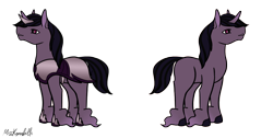 Size: 1750x882 | Tagged: safe, artist:misskanabelle, imported from derpibooru, oc, oc only, pony, unicorn, cloak, clothes, duo, hoof fluff, horn, male, offspring, parent:king sombra, parent:twilight sparkle, parents:twibra, signature, simple background, stallion, transparent background, unicorn oc