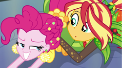 Size: 1920x1077 | Tagged: safe, imported from derpibooru, screencap, pinkie pie, sunset shimmer, equestria girls, equestria girls series, holidays unwrapped, spoiler:eqg series (season 2), :o, cornucopia costumes, duo, duo female, female, grin, lidded eyes, looking at each other, o come all ye squashful, open mouth, smiling