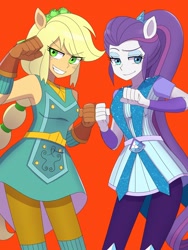 Size: 1620x2160 | Tagged: safe, artist:haibaratomoe, imported from derpibooru, applejack, rarity, equestria girls, clothes, crystal guardian, duo, duo female, ear, female, gloves, ponied up, smiling