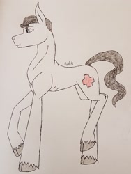 Size: 2545x3393 | Tagged: safe, artist:agdapl, imported from derpibooru, earth pony, pony, cloven hooves, crossover, high res, male, medic, ponified, raised hoof, signature, solo, species swap, stallion, team fortress 2, traditional art, unshorn fetlocks