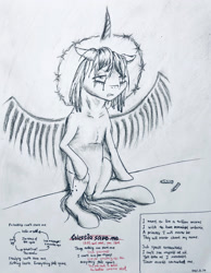 Size: 1280x1651 | Tagged: safe, artist:kopaleo, imported from derpibooru, oc, oc only, oc:cosmia nebula, alicorn, pony, crayon, crying, depression, monochrome, poem, sad, sitting, solo, traditional art, vent art