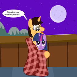 Size: 1280x1280 | Tagged: safe, artist:platinumdrop, imported from derpibooru, twilight sparkle, oc, oc:brandon, blanket, request, speech bubble