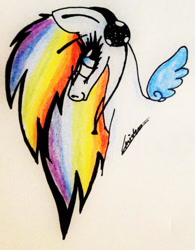 Size: 1239x1589 | Tagged: safe, artist:beamybutt, imported from derpibooru, oc, oc only, pegasus, pony, bust, eyelashes, female, headphones, jewelry, mare, multicolored hair, necklace, pegasus oc, rainbow hair, signature, smiling, solo, traditional art, wings