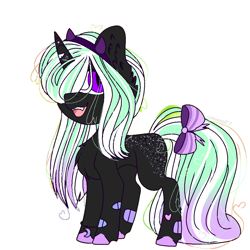 Size: 1000x1000 | Tagged: safe, anonymous artist, imported from derpibooru, oc, oc:star pierce, demon, demon pony, original species, pony, unicorn, blank flank, bow, bracelet, butt freckles, chest fluff, colored, cute, ear fluff, fangs, female, filly, flat colors, freckles, gradient mane, gradient tail, headband, horn, jewelry, looking at you, open mouth, simple background, slit eyes, slit pupils, solo, spots, tail, tail bow, unshorn fetlocks, white background