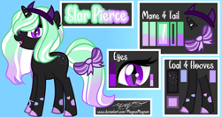 Size: 4688x2500 | Tagged: safe, artist:magnusmagnum, imported from derpibooru, oc, oc:star pierce, demon, demon pony, original species, pony, unicorn, accessories, accessory, blank flank, bow, bracelet, butt freckles, colored, fangs, female, filly, flat colors, freckles, gradient mane, gradient tail, headband, horn, jewelry, signature, slit eyes, slit pupils, solo, spots, tail, tail bow, unshorn fetlocks