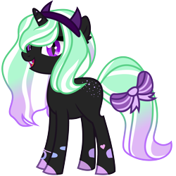 Size: 3000x3000 | Tagged: safe, artist:magnusmagnum, imported from derpibooru, oc, oc:star pierce, demon, demon pony, original species, pony, unicorn, blank flank, bow, bracelet, butt freckles, colored, fangs, female, filly, flat colors, freckles, gradient mane, gradient tail, headband, high res, horn, jewelry, reference sheet, simple background, slit eyes, slit pupils, solo, spots, tail, tail bow, transparent background, unshorn fetlocks