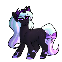 Size: 894x894 | Tagged: safe, artist:blue bird, imported from derpibooru, oc, oc:star pierce, demon, demon pony, original species, pony, unicorn, bow, bracelet, butt freckles, ear fluff, female, freckles, gradient mane, gradient tail, headband, horn, jewelry, looking at you, mare, missing cutie mark, older, simple background, slit eyes, slit pupils, smiling, solo, tail, tail bow, white background