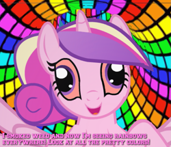 Size: 839x720 | Tagged: safe, artist:tiarawhy, editor:pagiepoppie12345, imported from derpibooru, princess cadance, alicorn, pony, 4/20, 420, bloodshot eyes, bow, cute, cutedance, derp, drugs, explicit source, female, hair bow, high, mare, marijuana, rainbow, smiling, teen princess cadance