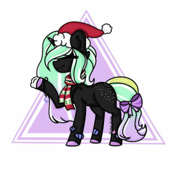 Size: 800x794 | Tagged: artist needed, safe, imported from derpibooru, oc, oc:star pierce, demon, demon pony, original species, pony, unicorn, bow, bracelet, butt freckles, christmas, clothes, ear fluff, female, filly, freckles, gradient mane, gradient tail, hat, holiday, horn, jewelry, santa hat, scarf, signature, simple background, snow, snowball, solo, spots, tail, tail bow, unshorn fetlocks