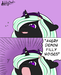 Size: 500x612 | Tagged: safe, artist:melody chords, imported from derpibooru, oc, oc:star pierce, demon, demon pony, original species, pony, unicorn, angry, angry dog noises, bow, cute, fangs, female, filly, floppy ears, headband, horn, meme, no pupils, open mouth, simple background, solo, speech bubble, text, yelling