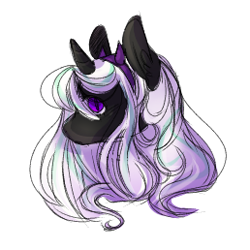 Size: 258x258 | Tagged: artist needed, safe, imported from derpibooru, oc, oc:star pierce, demon, demon pony, original species, pony, unicorn, bow, bust, ear fluff, fangs, female, filly, gradient mane, gradient tail, headband, horn, no mouth, portrait, slit eyes, slit pupils, solo