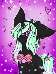 Size: 775x1031 | Tagged: safe, artist:midnight ruby, imported from derpibooru, oc, oc only, oc:star pierce, demon, demon pony, original species, pony, unicorn, background, blank flank, bow, butt freckles, chest fluff, ear fluff, female, filly, flower, freckles, gradient mane, gradient tail, headband, heart, holiday, horn, one ear down, present, signature, slit eyes, slit pupils, solo, spots, tail, tail bow, valentine's day