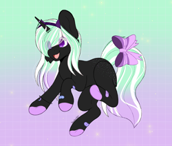 Size: 2853x2422 | Tagged: safe, artist:shadowmlp, imported from derpibooru, oc, oc:star pierce, demon, demon pony, original species, pony, unicorn, blank flank, bow, butt freckles, cute, ear fluff, eye clipping through hair, female, filly, freckles, gradient background, gradient mane, gradient tail, happy, headband, high res, horn, open mouth, slit eyes, slit pupils, solo, spots, tail, tail bow, watermark