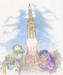 Size: 830x1000 | Tagged: safe, artist:adeptus-monitus, imported from derpibooru, derpy hooves, twilight sparkle, pegasus, pony, unicorn, derp, pencil, rocket, tabun art-battle, tabun art-battle cover, traditional art