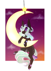 Size: 761x1050 | Tagged: safe, artist:keltonia, imported from derpibooru, oc, oc:star pierce, demon, demon pony, original species, pony, unicorn, background, blank flank, blushing, bow, butt freckles, chest fluff, cloud, cute, ear fluff, eye clipping through hair, female, filly, freckles, hanging, headband, horn, looking up, moon, no pupils, simple background, sky, smiling, solo, spots, stars, sunset, tail, tail bow, transparent background