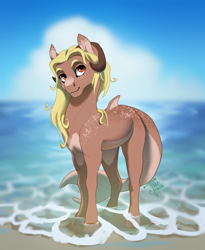 Size: 1800x2200 | Tagged: safe, artist:joan-grace, imported from derpibooru, oc, oc only, oc:nymeria, original species, shark, shark pony, beach, female, horns, solo