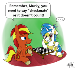 Size: 1080x971 | Tagged: safe, artist:ebbysharp, imported from derpibooru, oc, oc only, oc:gold dust, oc:murky, oc:murky silentium, pegasus, pony, unicorn, ..., blatant lies, chess, duo, female, game, speech bubble