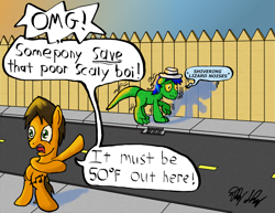 Size: 1650x1275 | Tagged: safe, artist:ebbysharp, imported from derpibooru, oc, oc:ebbysharp, oc:lizardwithhat, earth pony, lizard, lizard pony, original species, pony, bipedal, cold, duo, male, road, scaly, sidewalk, speech bubble