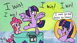 Size: 1280x720 | Tagged: safe, artist:ebbysharp, imported from derpibooru, pinkie pie, twilight sparkle, alicorn, earth pony, pony, a trivial pursuit, adventures of sonic the hedgehog, bipedal, duo, female, parody, speech bubble, twilight snapple, twilight sparkle (alicorn)