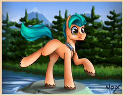 Size: 3300x2550 | Tagged: safe, artist:supermoix, imported from derpibooru, hitch trailblazer, earth pony, pony, spoiler:g5, cute, forest, g5, high res, hitchbetes, male, raised hoof, river, scenery, sheriff, smiling, solo, stallion