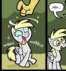 Size: 274x294 | Tagged: safe, artist:shuffle001, edit, imported from derpibooru, derpy hooves, discord, draconequus, pegasus, pony, the return of harmony, blurry, comic, cropped, dialogue, discorded, female, male, mare, meme, offscreen character