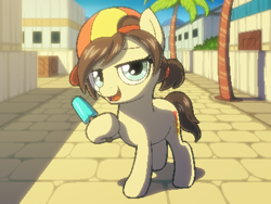 Size: 800x600 | Tagged: safe, artist:rangelost, imported from derpibooru, oc, oc only, oc:tattle tail, earth pony, pony, cyoa:d20 pony, cap, cyoa, earth pony oc, female, filly, hat, looking at you, offscreen character, palm tree, pixel art, solo, story included, town, tree
