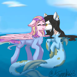Size: 2100x2100 | Tagged: safe, artist:animeneko63, imported from derpibooru, princess skyla, oc, oc only, oc:jin, hybrid, merpony, pegasus, pony, seapony (g4), pandoraverse, ear fluff, eyes closed, female, fish tail, flowing tail, high res, looking at each other, ocean, shipping, signature, sunlight, tail, water, wings