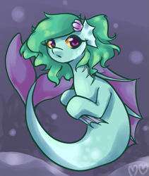 Size: 625x741 | Tagged: safe, artist:churobu, imported from derpibooru, oc, oc only, merpony, bubble, dorsal fin, female, fins, fish tail, green mane, looking at you, ocean, open mouth, orange eyes, seashell, solo, tail, underwater, water