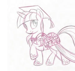 Size: 606x574 | Tagged: safe, artist:lauren faust, imported from derpibooru, twilight sparkle, twilight twinkle, pony, unicorn, 2009, clothes, concept art, diploma, female, graduation, graduation cap, hat, hoof shoes, mare, saddle, scholar, scroll, show bible, sketch, smiling, solo, tack, unicorn twilight