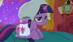 Size: 1256x720 | Tagged: safe, edit, edited screencap, imported from derpibooru, screencap, twilight sparkle, pony, unicorn, friendship is magic, season 1, bag, bed, bedroom, clock, golden oaks library, insomnia, low quality, night, pillow, pillow hat, saddle bag, sitting, solo, stars, twilight is not amused, twilight sparkle is not amused, unamused, unicorn twilight