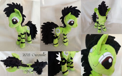 Size: 1024x640 | Tagged: safe, artist:cwossie, imported from derpibooru, oc, oc only, oc:wrench, cyborg, earth pony, pony, augmented, collage, commission, commissioner:zocidem, cyber legs, male, photo, plushie, pony oc, spiky mane, stallion