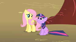 Size: 1280x720 | Tagged: safe, imported from derpibooru, screencap, fluttershy, twilight sparkle, pegasus, pony, unicorn, a bird in the hoof, season 1, duo, looking up, sitting, unicorn twilight