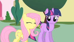 Size: 1280x720 | Tagged: safe, imported from derpibooru, screencap, fluttershy, twilight sparkle, pegasus, pony, unicorn, a bird in the hoof, season 1, cute, duo, eyes closed, shyabetes, twiabetes, unicorn twilight